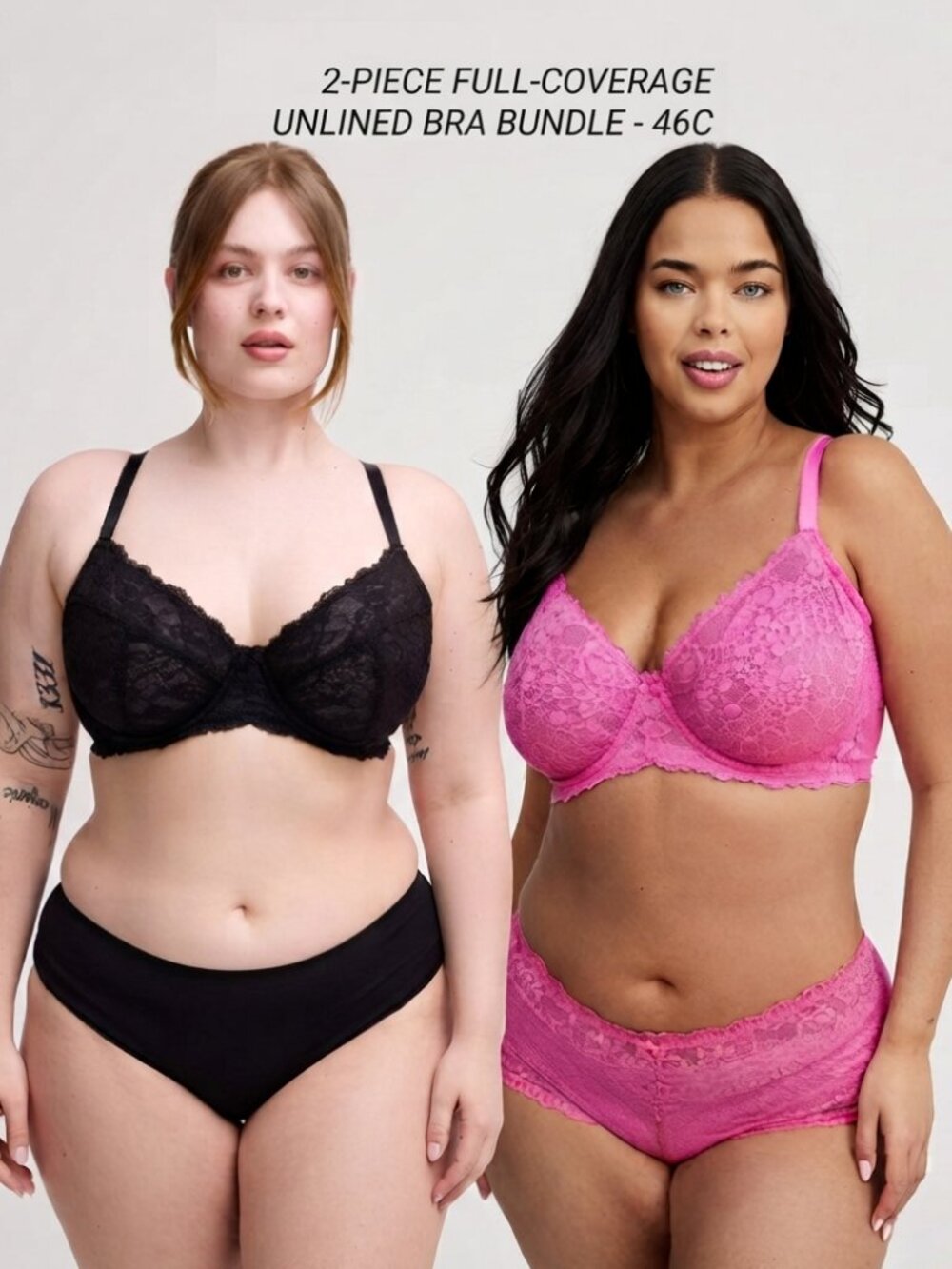 Bundle of 2 Torrid 46C Hot Pink + Black Full-Coverage Unlined Lace Bra Size 46C